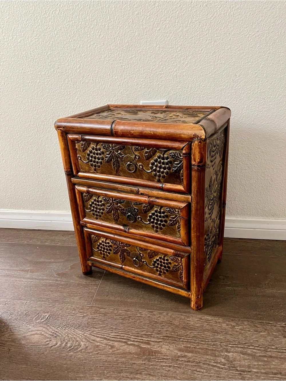 Bamboo Accent 3-Drawer Side Table in Warm Brown